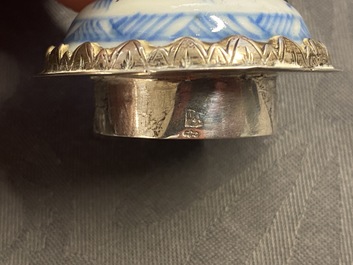 A Chinese blue and white tea caddy with Dutch silver mounts, Kangxi